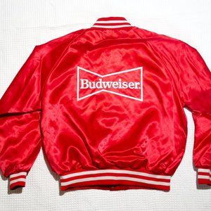 Vintage Budweiser Red Satin Nylon Bomber Snap Button Jacket | Made in USA | L